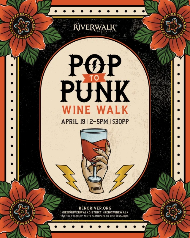 Get ready to rock out at the Pop to Punk Wine Walk on April 19th! 🍷🎤 Join us for an afternoon filled with good vibes, great wine, and killer tunes along the Truckee River! 🏞️✨

Explore your favorite spots and discover some new hidden gems, all while sipping on wine and jamming to the best pop-punk hits.🍻🎶

Stay tuned on our Instagram stories, as we’ll be running some trivia for discounted tickets! What’s your favorite song? 🎟️ 🎧🎸

#ThingsToDoInReno #RenoEvents #WineWalk #RenoTahoe