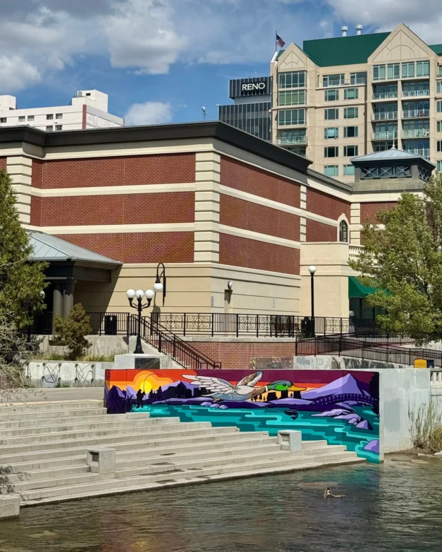 There’s a fresh splash of color along the river! 🎨🦆✨ 
We’re excited to welcome a stunning new mural by the talented @eqld_creations to the Riverwalk District. Take a stroll, soak in the view, and see this beautiful piece come to life right by the water.
#RenoTahoe #RenoMural #NevadaArt