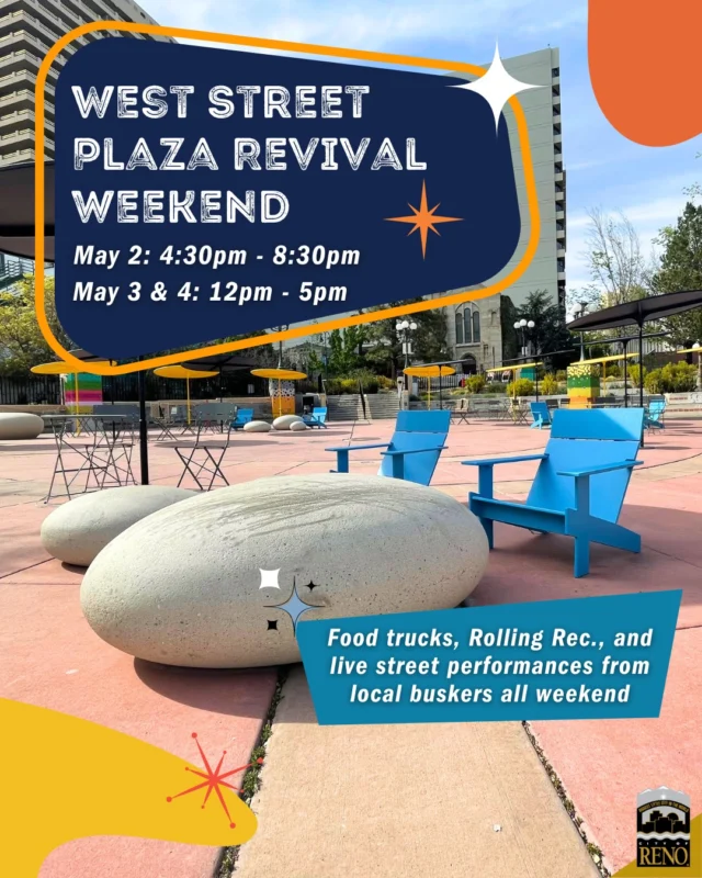 West Street Plaza Revival Weekend is this weekend! 🎉 
Join us along the Riverwalk for a full weekend (5/2–5/4) of live music, amazing local food trucks, Rollin' Rec activities, and great drinks at the official beer garden, Sierra Tap House! 🍻🎶

🌟 Live performances from Fox & Buck, Desert Beats Collective, Reno Jazz Authority + more
🌯 Eats from Grindz Coffee, Potluck Truck, Bali Express, Olivier's Crêpes, Mr. Yummy Yummy
🛹 Rollin' Rec fun daily

See you out there! 🌊